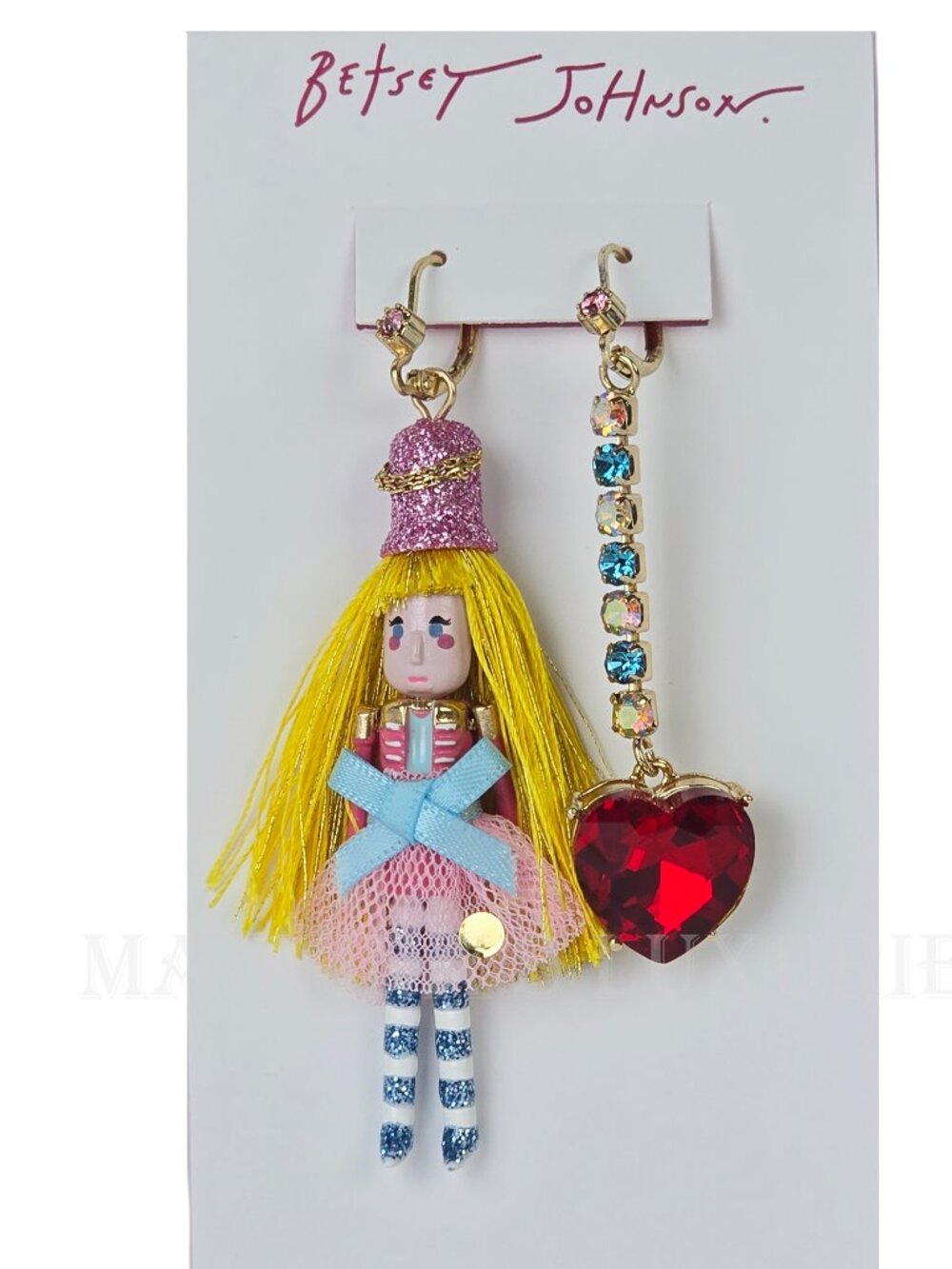 BETSEY JOHNSON EARRINGS NUTCRACKER HEART MISMATCHED HOLIDAY PINK